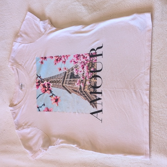 Old Navy White Tee with Eiffel Tower and Pink Blossoms - Picture 1 of 9